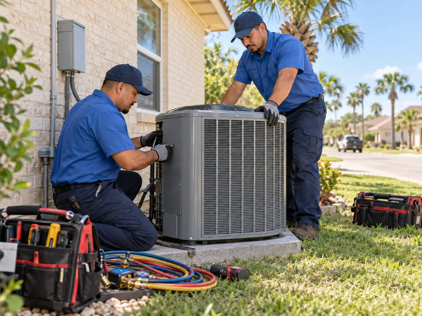 Two HVAC workers servicing an outdoor condensing unit beside a brick home
