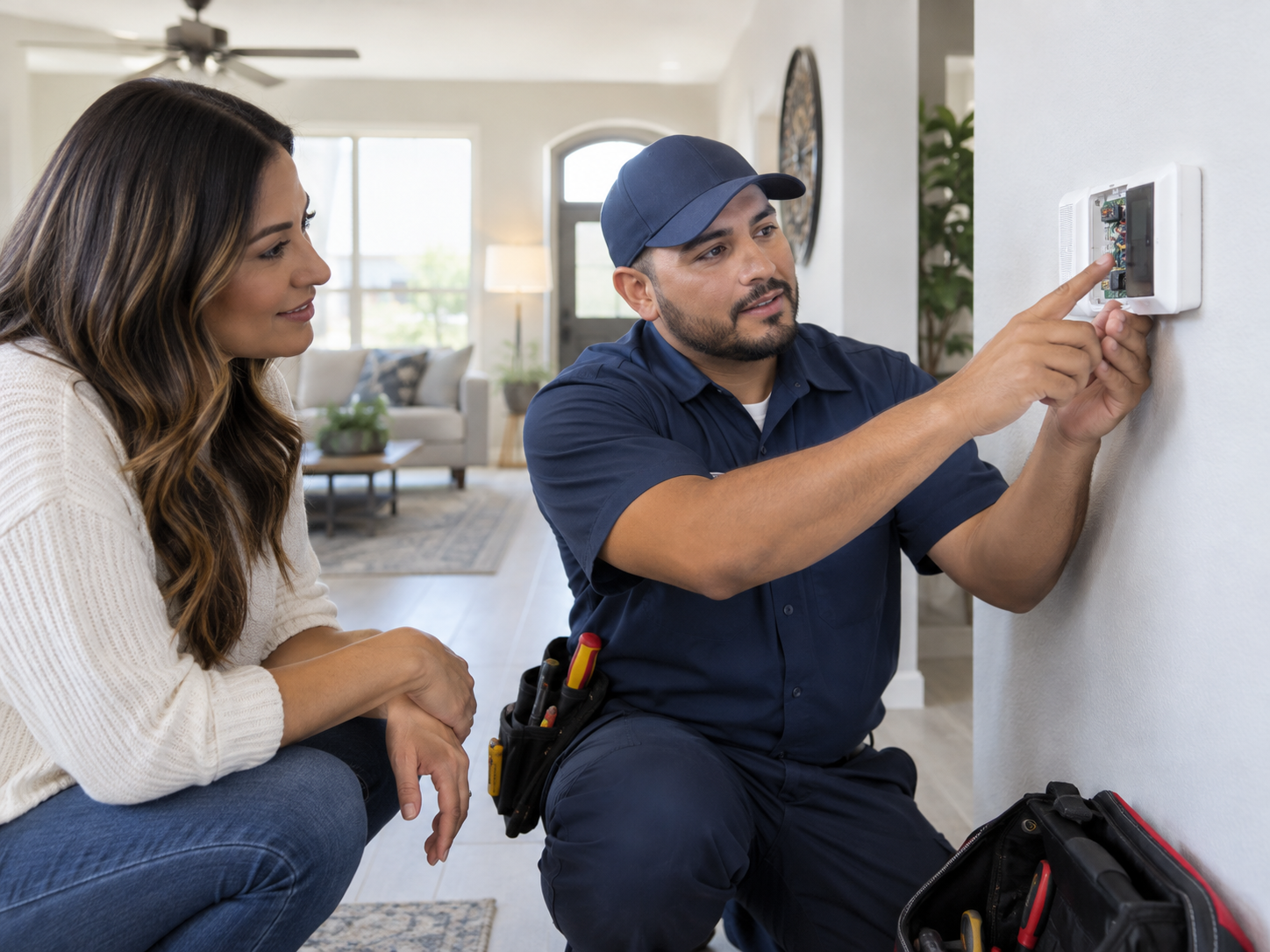 Technician showing a homeowner the wiring behind a wall thermostat