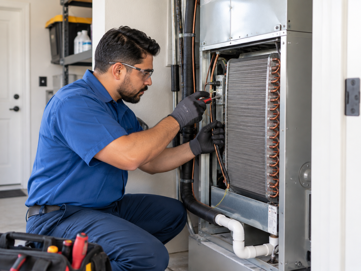 Technician servicing an indoor air handler and evaporator coil in a garage closet