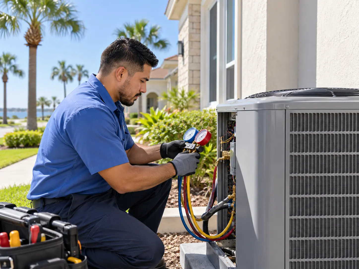 Technician connecting manifold gauges to an outdoor air conditioning condenser