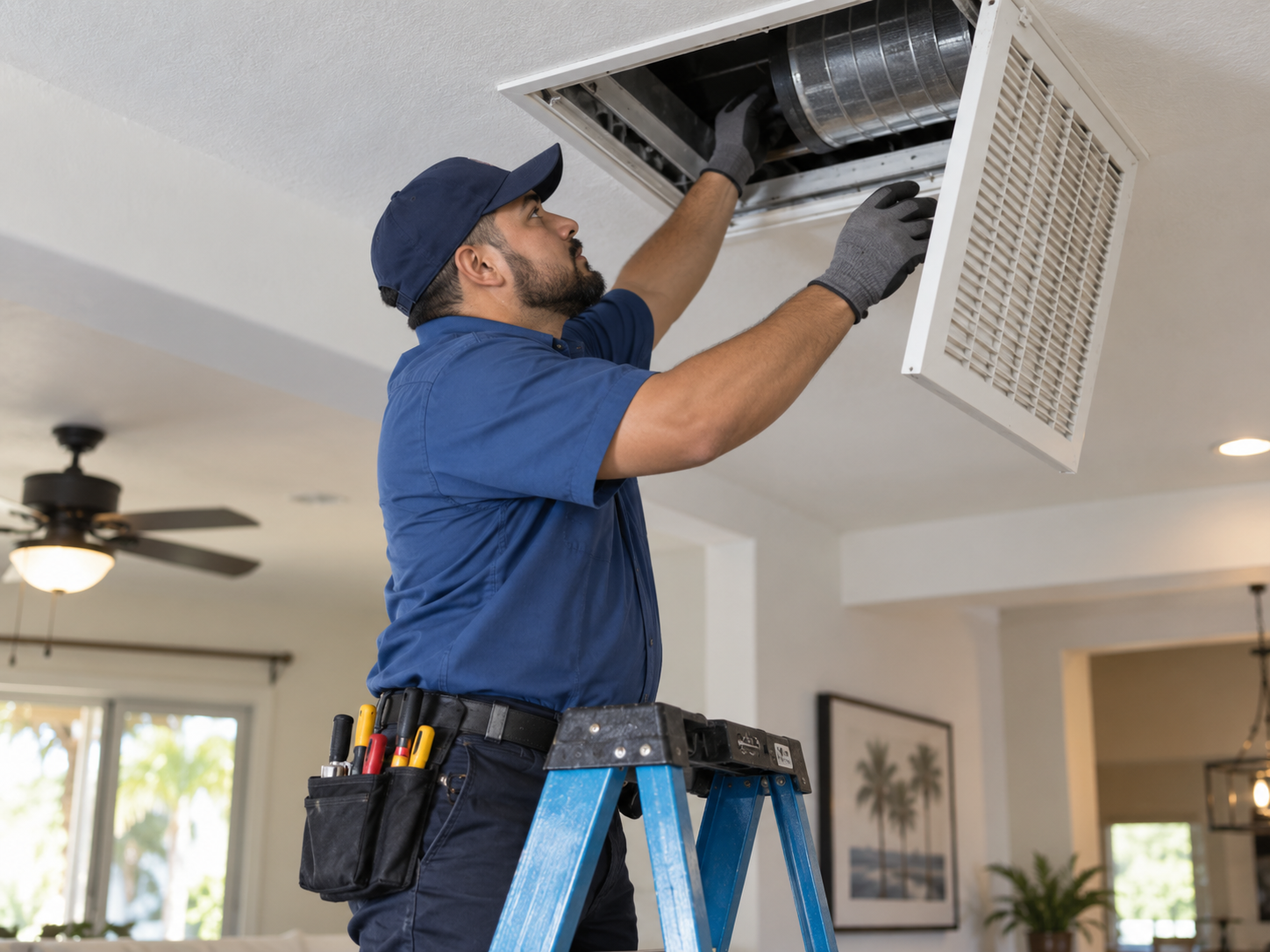 Technician on a ladder removing a ceiling return air grille to inspect the filter