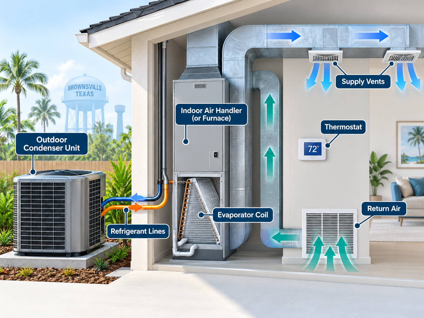 Cutaway diagram of a home air conditioning system showing the outdoor condenser, refrigerant lines, evaporator coil, air handler, return air, supply vents and thermostat